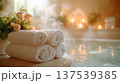 Luxury spa interior with towels candles and steam, wellness relaxation and self care concept 137539385