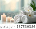 Luxury spa interior with towels candles and steam, wellness relaxation and self care concept 137539386