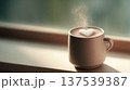 Valentine hot cocoa with heart foam art and steam, cozy romantic winter drink concept 137539387
