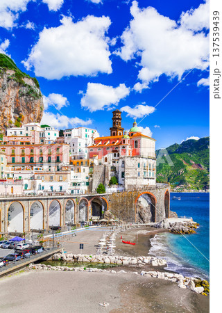 Amalfi, Italy. Atrani, small town on Tyrrhenian Sea coastline, Amalfitana region. Amalfi, Italy. Atrani, small town on Tyrrhenian Sea coastline, Amalfitana region. 137539439