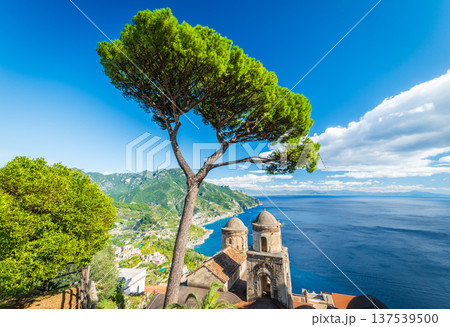 Ravello, Amalfi Coast. Peaceful hill town in Italy with beautiful church, cypress trees and sweeping sea view. 137539500