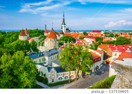 Walled Old Town center of Tallinn, Estonia along the Baltic Sea from the lookout point on Toompea Hill. 137539605