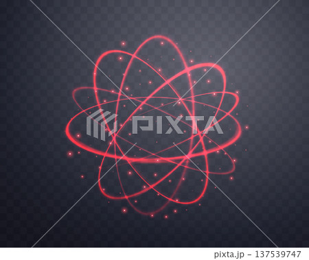 Atom particle, light effect glowing red magic rings. Neon realistic energy swirl. Abstract light effect on a dark transparent background. Vector illustration. 137539747