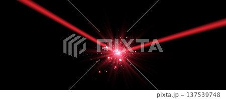 Red horizontal laser beam. Neon line, presentation pointer. Red glow flare light effect. Vector illustration. Isolated on dark background. 137539748