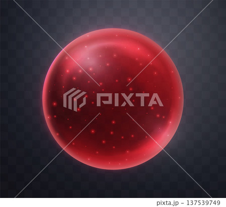 Red magic fantasy sphere. Crystal ball with glowing sparkles and particles. Energy orb with glow flare light effect. Isolated on transparent background. Vector illustration. 137539749