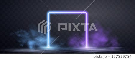 Neon frame with glowing blue and purple light effects, futuristic portal gateway, vibrant smoke and LED illumination. abstract vector frame composition. 137539754