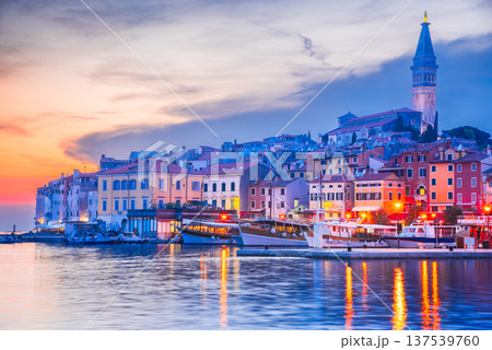 Rovinj, Croatia. Marina sunset, Dalmatia coastline city in Istria Peninsula. 137539760