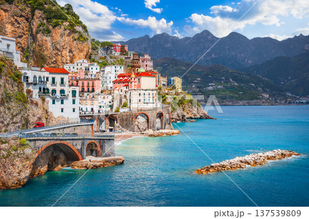Amalfi , Italy. Small charming town of Atrani, Amalfitana Coastline. 137539809