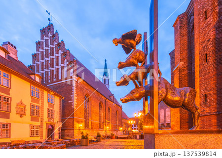 Riga, Latvia. Town Musicians of Bremen and St John Church Riga, Latvia. Town Musicians of Bremen and St John Church 137539814