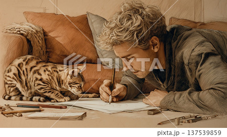 猫と一緒にいる居心地の良い室内のイラスト 137539859