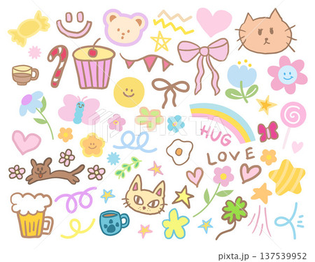 Cute hand drawn vector illustrations of cat, teddy bear, puppy, heart, cupcake, candy cane, rainbow, fried egg, flower, star, beer glass, butterfly, coffee mug, clover leaf, hot tea for decoration Cute hand drawn vector illustrations of cat, teddy bear, puppy, heart, cupcake, candy cane, rainbow, fried egg, flower, star, beer glass, butterfly, coffee mug, clover leaf, hot tea for decoration 137539952