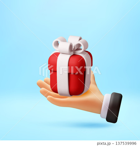 3d hand holding red gift box with white ribbon 3d hand holding red gift box with white ribbon 137539996
