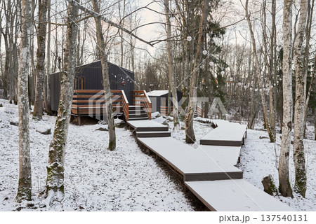 Peaceful winter landscape featuring elevated wooden walkway and cabin Peaceful winter landscape featuring elevated wooden walkway and cabin 137540131