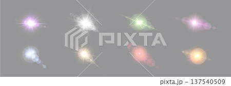Different colors sunlight lens flare, sun flash with rays and spotlight. Glowing burst explosion on a grey background. Vector illustration. 137540509