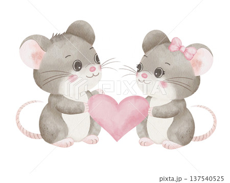 Cute gray mice look at each other, holding a large pink heart in their paws. Big eyes, pink bow. Watercolor illustration of romantic character pair for Valentine's Day cards, wedding invitations Cute gray mice look at each other, holding a large pink heart in their paws. Big eyes, pink bow. Watercolor illustration of romantic character pair for Valentine's Day cards, wedding invitations 137540525