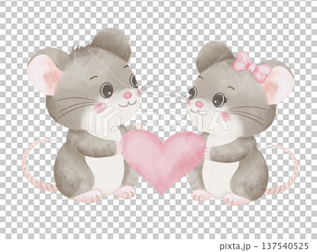 Cute gray mice look at each other, holding a large pink heart in their paws. Big eyes, pink bow. Watercolor illustration of romantic character pair for Valentine's Day cards, wedding invitations Cute gray mice look at each other, holding a large pink heart in their paws. Big eyes, pink bow. Watercolor illustration of romantic character pair for Valentine's Day cards, wedding invitations 137540525
