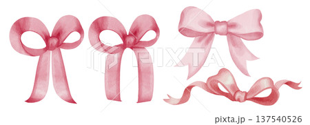 Watercolor pink satin and silk bows set, hand-drawn ribbon collection, isolated on white background. For gift packaging design, fashion branding, romantic stationery accessories Watercolor pink satin and silk bows set, hand-drawn ribbon collection, isolated on white background. For gift packaging design, fashion branding, romantic stationery accessories 137540526