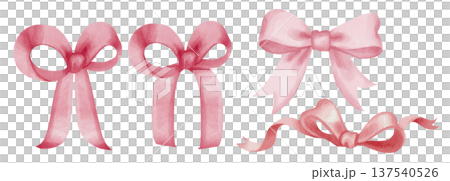 Watercolor pink satin and silk bows set, hand-drawn ribbon collection, isolated on white background. For gift packaging design, fashion branding, romantic stationery accessories Watercolor pink satin and silk bows set, hand-drawn ribbon collection, isolated on white background. For gift packaging design, fashion branding, romantic stationery accessories 137540526
