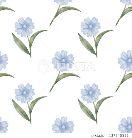 Seamless watercolor pattern of delicate blue flower with green leaves, hand-drawn, white background, botanical illustration. For designing packaging, textiles, wedding invitations Seamless watercolor pattern of delicate blue flower with green leaves, hand-drawn, white background, botanical illustration. For designing packaging, textiles, wedding invitations 137540531