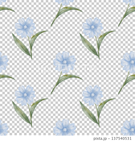 Seamless watercolor pattern of delicate blue flower with green leaves, hand-drawn, white background, botanical illustration. For designing packaging, textiles, wedding invitations Seamless watercolor pattern of delicate blue flower with green leaves, hand-drawn, white background, botanical illustration. For designing packaging, textiles, wedding invitations 137540531