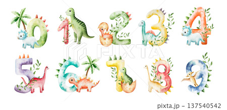 Cute dinosaur number set. One, two, three, four, five, six, seven, eight, nine, zero with triceratops and palm. . Watercolor hand drawn prehistoric Spinosaurus, Brachiosaurus animal. Isolated 137540542