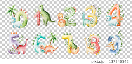 Cute dinosaur number set. One, two, three, four, five, six, seven, eight, nine, zero with triceratops and palm. . Watercolor hand drawn prehistoric Spinosaurus, Brachiosaurus animal. Isolated 137540542