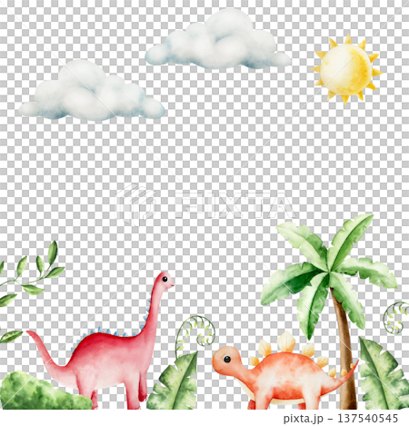 Cute frame with dinosaur in tropical leaves and palm tree. Watercolor hand drawn cloud, sun, prehistoric diplodocus, Brachiosaurus animal. Isolated illustration on transparent background. Perfect for 137540545