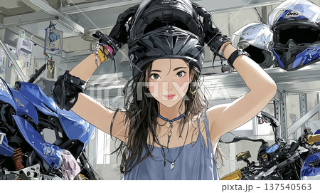 バイクショップでヘルメットを試着する若い女性|バイク用品選びのイメージ バイクショップでヘルメットを試着する若い女性|バイク用品選びのイメージ 137540563