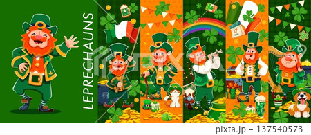 St Patrick's day leprechaun characters on festive green background. Vector collage with cartoon Irish traditional bearded dwarf with hat, costume, shamrock, flag tricolor, pot of gold coin treasure St Patrick's day leprechaun characters on festive green background. Vector collage with cartoon Irish traditional bearded dwarf with hat, costume, shamrock, flag tricolor, pot of gold coin treasure 137540573