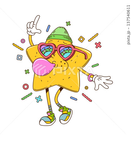 Star chewing bubble gum cartoon groovy adorable character. Cheerful 80s groovy personage, happy vector mascot. Yellow star funny character wearing hear sunglasses, green beanie and inflating gum Star chewing bubble gum cartoon groovy adorable character. Cheerful 80s groovy personage, happy vector mascot. Yellow star funny character wearing hear sunglasses, green beanie and inflating gum 137540611