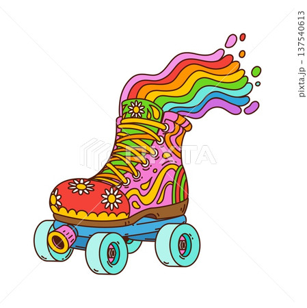 Roller skating shoe funky groovy symbol or sticker. Retro groovy roller skating shoe tag, cartoon trippy colorful vector symbol. Vibrant roller boot and psychedelic rainbow comic hippie patch 137540613