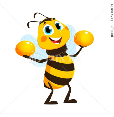 Holding honey drop honey bee insect cartoon character. Honeybee animal cute character, garden bumblebee bug happy vector isolated personage. Honey bee baby cheerful mascot with collecting honey 137540614