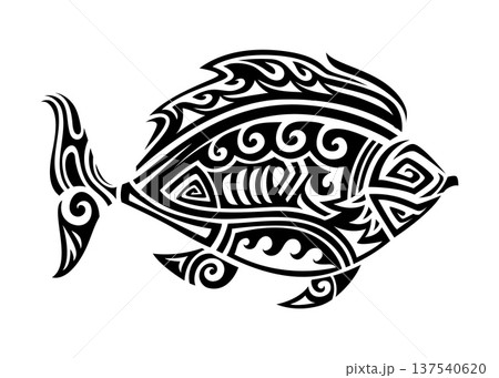 Maori animal tattoo of tribal piranha fish with bold curved lines and swirling shapes. Vector Mayan Aztec totem, ethnic ornament of dangerous toothy fish, symbol of power, survival, movement or energy 137540620