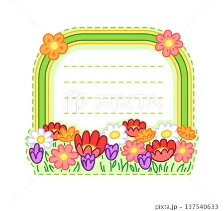 Spring meadow flowers and floral kids memo note template. Children diary page vector floral frame, kids planner spring memo note. Child schedule botanical sticker with colorful flowers in grass Spring meadow flowers and floral kids memo note template. Children diary page vector floral frame, kids planner spring memo note. Child schedule botanical sticker with colorful flowers in grass 137540633