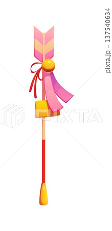 Cartoon Japanese hamaya new year holiday decoration. Vector traditional ceremonial arrow, charm with ribbons and golden tags symbolizing purification, warding off evil, protection and good fortune Cartoon Japanese hamaya new year holiday decoration. Vector traditional ceremonial arrow, charm with ribbons and golden tags symbolizing purification, warding off evil, protection and good fortune 137540634