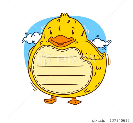 Duckling cheerful cartoon animal kids memo note template. Funny duckling scrapbook sticker, cute domestic animal schedule vector frame. Diary label or memo note with cheerful baby duck character 137540635