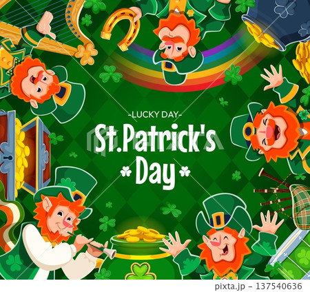 St Patrick's day leprechaun characters banner. Cartoon vector festive greeting card with lucky day lettering, shamrock clover, pot of gold coin, treasure chest, harp, rainbow, horseshoe and flute St Patrick's day leprechaun characters banner. Cartoon vector festive greeting card with lucky day lettering, shamrock clover, pot of gold coin, treasure chest, harp, rainbow, horseshoe and flute 137540636