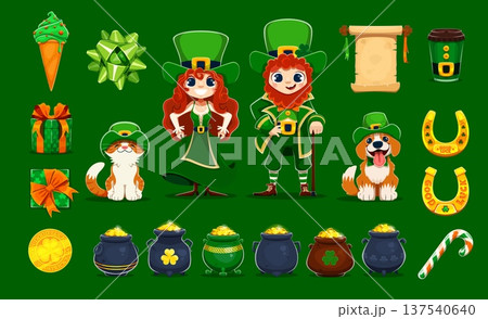 Irish Saint Patrick's Day holiday characters and icons, vector game assets. Cartoon happy man, woman, cat and dog characters in Patrick's Day green costumes and hats, lucky horseshoes, shamrock, coins 137540640