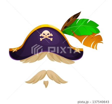 Cartoon pirate captain tricorn hat with feathers photo booth mask. Privateer bandit party mask, corsair kids photo booth vector prop. Pirate sailor costume element with hat decorated colorful feathers Cartoon pirate captain tricorn hat with feathers photo booth mask. Privateer bandit party mask, corsair kids photo booth vector prop. Pirate sailor costume element with hat decorated colorful feathers 137540643