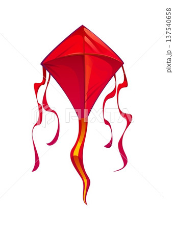 Festive cartoon paper kite with dynamic trailing ribbons, red and orange tail. Kids outdoor sports isolated vector kite, child entertainment paper wing. Indian festival or holiday colorful flying toy Festive cartoon paper kite with dynamic trailing ribbons, red and orange tail. Kids outdoor sports isolated vector kite, child entertainment paper wing. Indian festival or holiday colorful flying toy 137540658