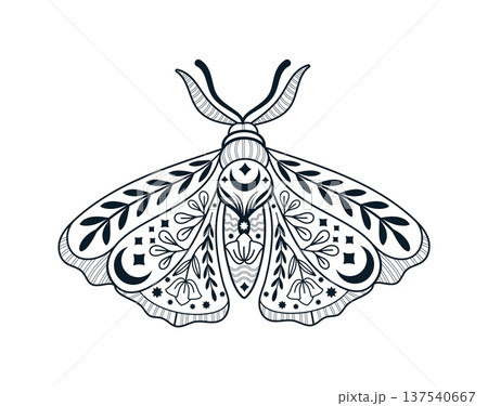 Mystic celestial moth night butterfly tattoo or sticker. Night mystery insect sticker, mystic butterfly vector tattoo. Esoteric bug graphic print with flowers, plant leaves, moon crescent and stars 137540667