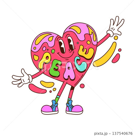 Cartoon groovy hippie funky heart trippy character with peace word and smile, captures an upbeat and happy vibe of love, positivity and fun. Isolated vector cute Valentines day heart retro personage Cartoon groovy hippie funky heart trippy character with peace word and smile, captures an upbeat and happy vibe of love, positivity and fun. Isolated vector cute Valentines day heart retro personage 137540676