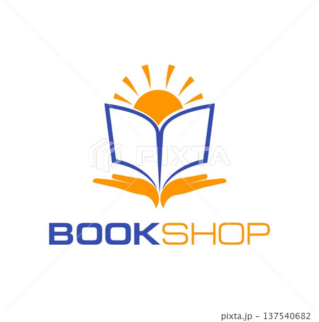 Book shop, store, education and handbook icon. Book shop graphic vector sign, literature store abstract emblem. Reading club or publisher company symbol or icon with human hands, opened book and sun Book shop, store, education and handbook icon. Book shop graphic vector sign, literature store abstract emblem. Reading club or publisher company symbol or icon with human hands, opened book and sun 137540682