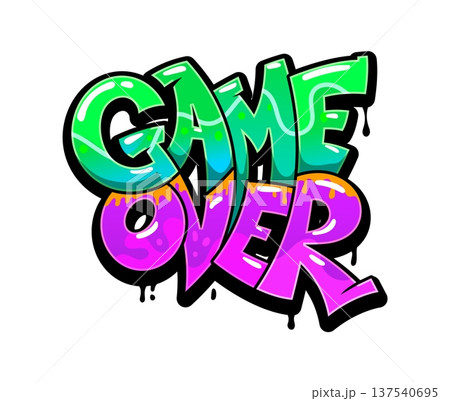 Game over street graffiti, hip hop wall painting typography. Street wall drawing, Hip Hop airbrush artwork vector text. Ghetto graffiti cool spray typography with green and violet funky letters 137540695
