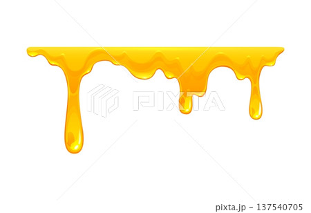Cartoon sweet melt dripping honey syrup with glossy liquid flow forming yellow drip border. Vector sticky dessert element with smooth texture and drops, isolated food frame, decoration or oil border 137540705