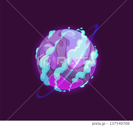 Cartoon alien space planet with icy clouds and glowing magma surface surrounded by orbital ring. Fantasy vector extraterrestrial space object with surreal texture floating in dark universe atmosphere Cartoon alien space planet with icy clouds and glowing magma surface surrounded by orbital ring. Fantasy vector extraterrestrial space object with surreal texture floating in dark universe atmosphere 137540706