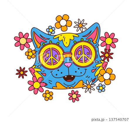 Cartoon groovy hippie cat character. Isolated vector retro funky trippy kitten pet head in sunglasses with peace symbols and colorful flowers around, exuding cool hipster y2k vibe with a groove smile Cartoon groovy hippie cat character. Isolated vector retro funky trippy kitten pet head in sunglasses with peace symbols and colorful flowers around, exuding cool hipster y2k vibe with a groove smile 137540707