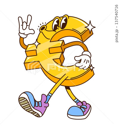 Cartoon groovy euro finance character. Isolated vector hippie funky business and finance symbol. Cheerful retro money sign, golden sparkling currency personage with wide eyes, exuding wealthy y2k vibe Cartoon groovy euro finance character. Isolated vector hippie funky business and finance symbol. Cheerful retro money sign, golden sparkling currency personage with wide eyes, exuding wealthy y2k vibe 137540716