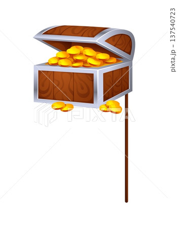 Cartoon pirate treasure chest photo booth mask. Pirate skipper party costume element, buccaneer or privateer sailor carnival vector mask. Filibuster photo booth prop with golden coins in opened chest Cartoon pirate treasure chest photo booth mask. Pirate skipper party costume element, buccaneer or privateer sailor carnival vector mask. Filibuster photo booth prop with golden coins in opened chest 137540723