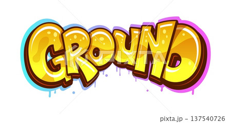 Ground urban graffiti, hip hop wall painting typography. Ghetto street wall drawing, urban airbrush spray vector typography. Hip Hop paint text tag with glossy, candy or honey like yellow letters Ground urban graffiti, hip hop wall painting typography. Ghetto street wall drawing, urban airbrush spray vector typography. Hip Hop paint text tag with glossy, candy or honey like yellow letters 137540726